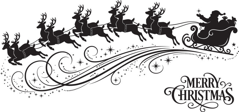 A vintage christmas scene with santa's sleigh and reindeer black and white silhouette