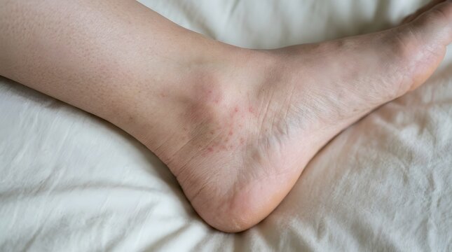 Close up of a childs legs and feet with visible bruising on the skin
