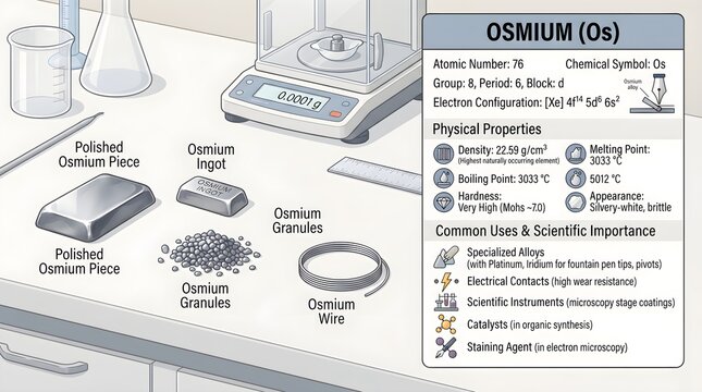 Osmium Os element infographic with polished pieces, crystal wire and properties poster HD4KHD 4KHDS4

