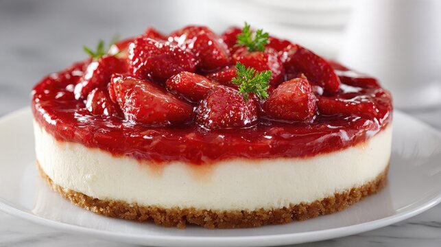 Strawberry Cheesecake Delight: A delectable strawberry cheesecake, crowned with fresh strawberries and a glossy glaze, sits elegantly on a white plate, inviting a taste of sweetness.
