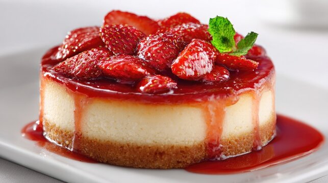 Strawberry Cheesecake Delight: A perfectly baked individual strawberry cheesecake, topped with fresh strawberry slices and a mint leaf, sits elegantly on a white plate.