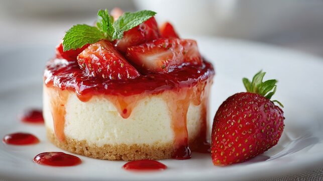Strawberry Cheesecake Delight: A delectable miniature cheesecake crowned with fresh strawberries, strawberry sauce, and a sprig of mint, served on a white plate, inviting a sweet indulgence.