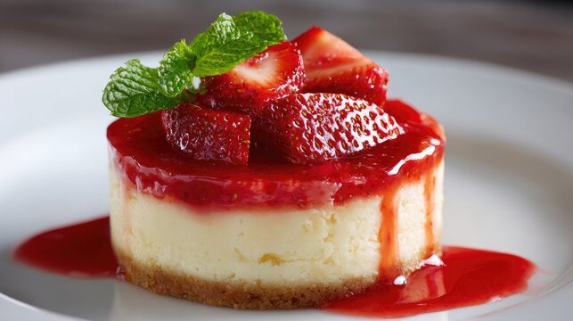 Delectable Strawberry Cheesecake: A creamy, individual strawberry cheesecake crowned with fresh strawberries and a mint leaf, drizzled with strawberry sauce on a white plate.