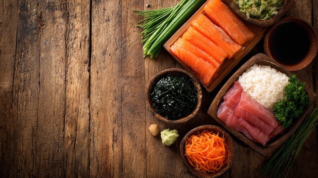 Sushi Ingredients on Rustic Wood: A vibrant overhead shot displays fresh ingredients for sushi preparation, including raw salmon and tuna, rice, seaweed, shredded carrots, and wasabi.