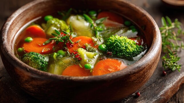 Hearty Vegetable Soup: A rustic wooden bowl brimming with a vibrant medley of fresh vegetables, including carrots, broccoli, and peas, simmered in a savory broth, offers a comforting and healthy meal.