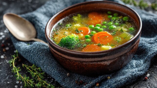 Hearty Vegetable Soup: A steaming bowl of rich vegetable soup, brimming with carrots, peas, broccoli, and herbs, served on a textured napkin with a spoon, promising warmth and nourishment.
