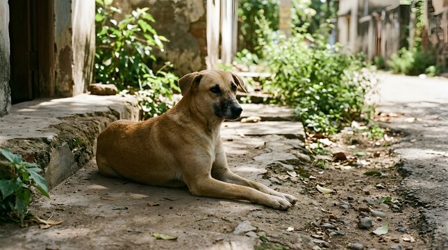Golden retriever puppy sitting on a wet patio surrounded by lush green plants