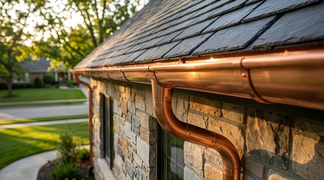 New Copper Gutter Installation on Stone House Roof