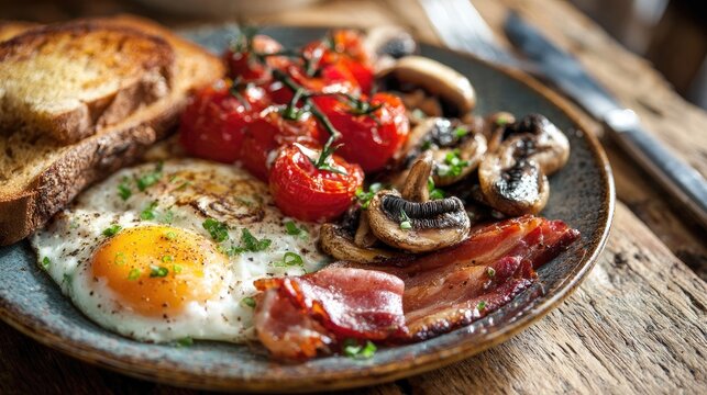 Hearty Breakfast Platter: A delicious full English breakfast featuring a fried egg, crispy bacon, toasted bread, grilled mushrooms, and cherry tomatoes, served on a rustic wooden table.