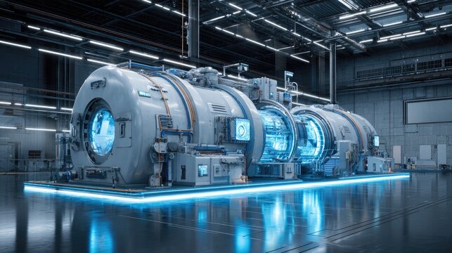 Futuristic Fusion Reactor Concept: A gleaming, high-tech fusion reactor, illuminated by vibrant blue energy, sits on a polished floor in a modern industrial facility.