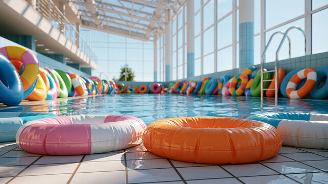 Colorful inflatable swim rings resting along an outer deck