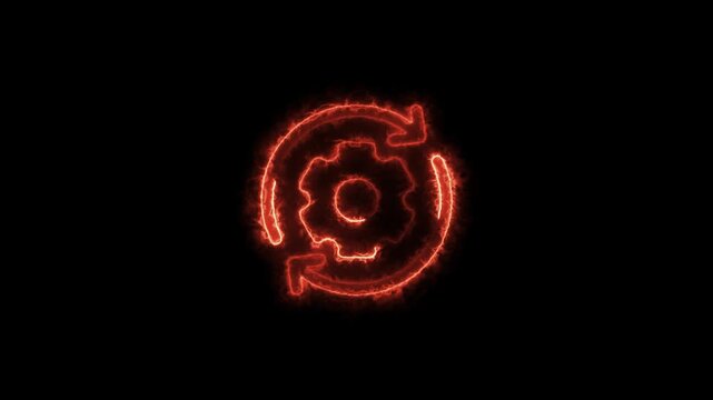 Fiery glowing gear with rotating arrows in an endless looping