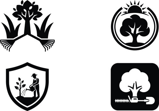 Professional lawn care gardening service logo and backyard landscaping vector silhouette bundle featuring tree protection shield rake and sun element