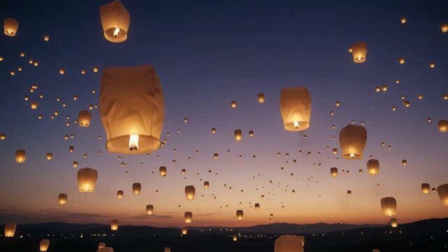 Sky Lanterns Ascending at Twilight Hundreds of Glowing Paper Lanterns Rising Over Mountain Silhouette, 4K Seamless Loop