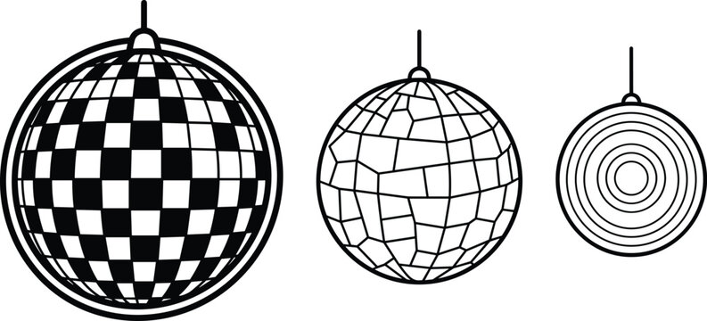 Retro disco ball outline icon set featuring checkerboard mosaic mirror spheres and concentric circle pattern baubles for party vector