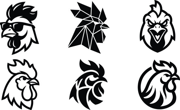 Rooster head logo silhouette collection featuring cool sunglasses geometric low poly art style and aggressive sports mascot emblems vector