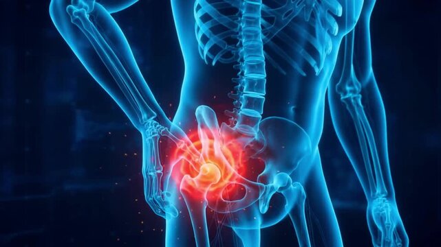 X-Ray Human Figure With Glowing Red Hip Joint Pain on Dark Blue Background