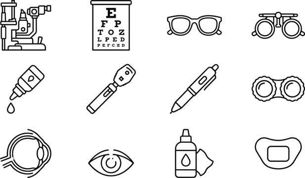 Ophthalmology and optometry eye care line icon set featuring phoropter chart glasses trial frame drops ophthalmoscope lens case anatomy and clean spray outline vector illustrations