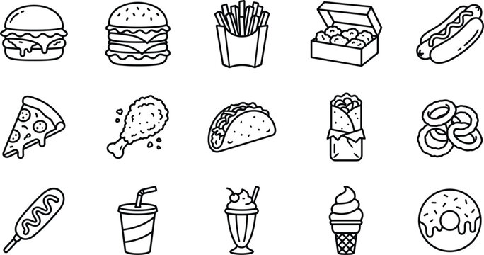 Fast food line icon vector set including burger french fries nuggets hot dog pizza fried chicken taco burrito onion rings corn dog soda and ice cream