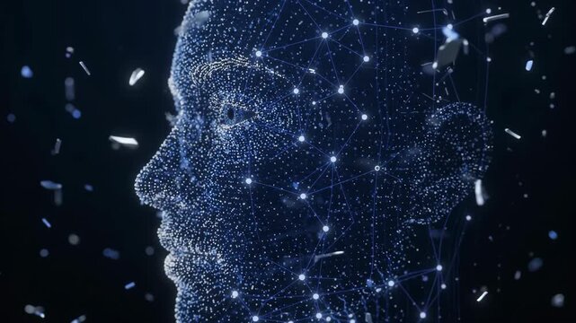 Glowing digital human profile built from particles and connected neural network lines