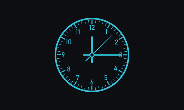 Cyan outline clock on a dark background with luminous-style details and a clean circular dial.