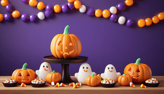カフェや洋菓子店のハロウィン告知用バナー背景。可愛いお化けのクッキーとカボチャのランタンの3Dイラスト、中央に広いコピースペース付き