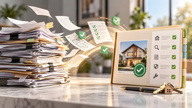 Real estate document digitization showing messy paperwork converting to digital property inspection checklist