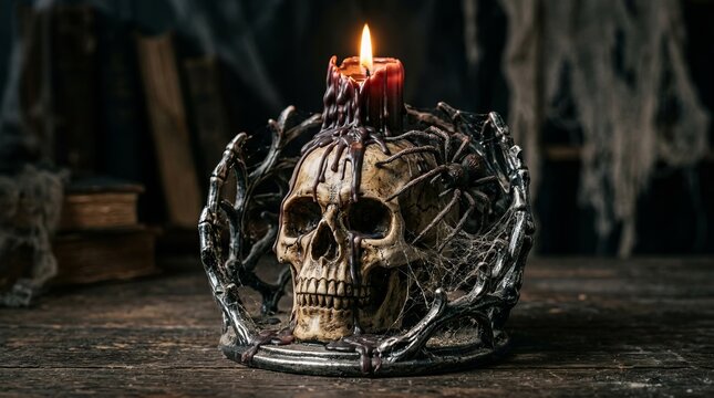 Haunting candle lit skull encased in rusted chains on dark wooden surface.