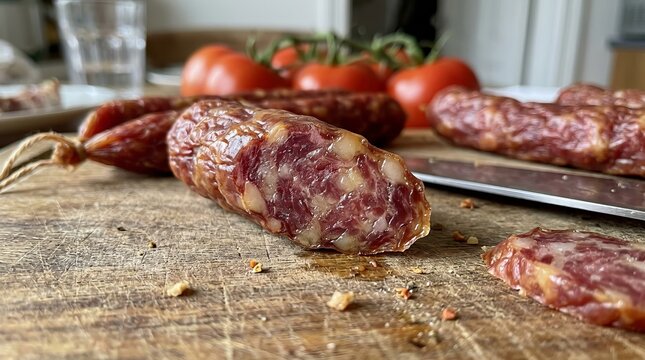 Freshly sliced homemade sausages on rustic wooden cutting board.