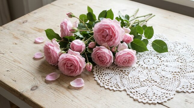 Elegant pink roses arranged on lace doily with fresh green leaves.