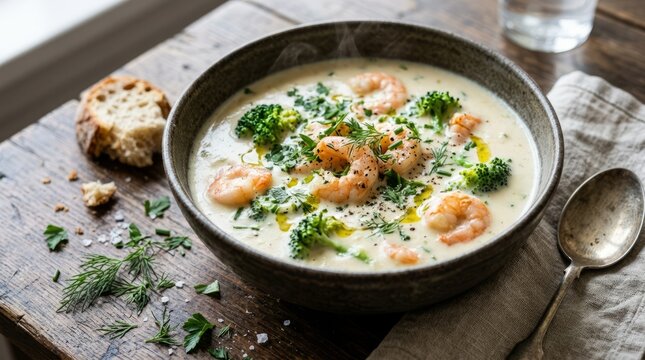 Delicious homemade shrimp and broccoli soup in a rustic bowl.