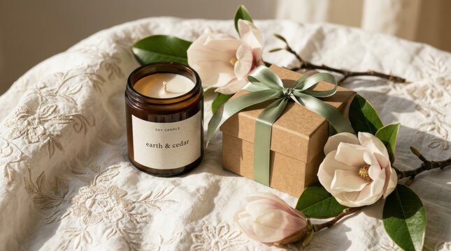 Cozy gift set with candle and roses on a soft bed.