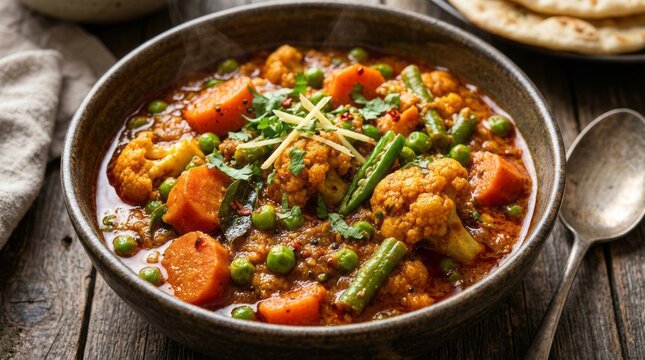 Delicious hearty vegetable stew with fresh herbs in a rustic bowl.