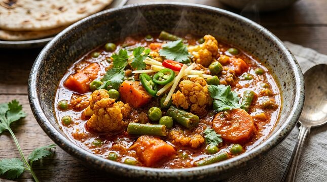 Delicious homemade vegetable curry in a rustic bowl with fresh herbs.