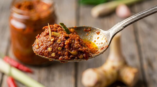 Delicious homemade spicy sauce being scooped from a jar onto a spoon.