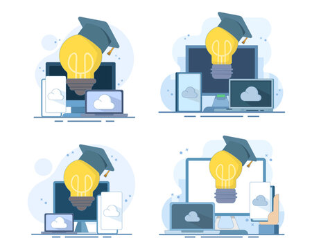 Online education set featuring a graduation cap on a glowing light bulb, computer, smartphone, and tablet for digital learning, e-learning platforms, and modern education marketing concepts