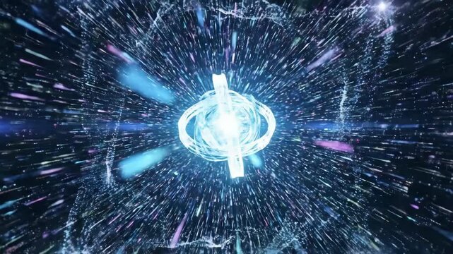 Tracking shot zoom of glowing energy core converging and rotating through starfield in deep space visualization