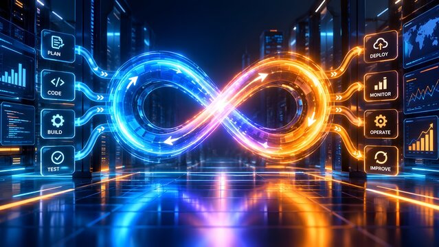 Glowing devops infinity loop with software development lifecycle stages in futuristic data center environment
