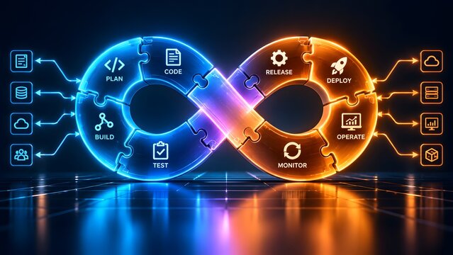 DevOps infinity loop puzzle with glowing software development lifecycle icons on futuristic cyber surface