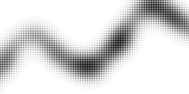 Abstract halftone wave background vector illustration dynamic black dot pattern design element, halftone dots flowing curved shape