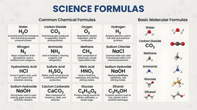 Science Formulas Chart Showing Common Chemical Compounds, Molecular Structures, and Biochemical Reference Data