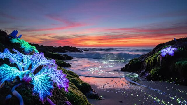 Slow motion pan tracking of bioluminescent sea anemones glowing on rocky beach during sunset
