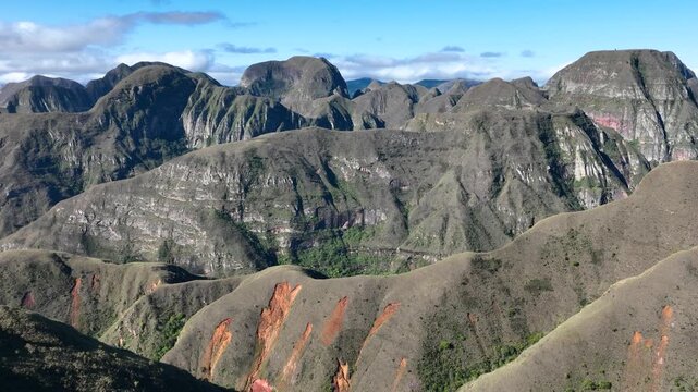 Codo de los Andes Rugged Rock Formations and Mountain Cliffs in Bolivia. Establishing Shot. Aerial View.