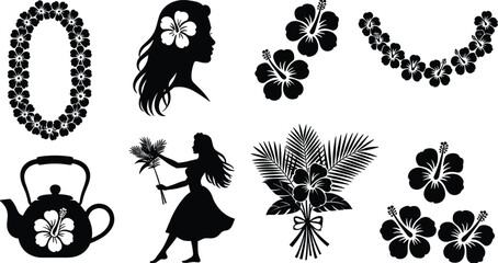 Hawaiian floral elements including leis hula dancers hibiscus flowers and a teapot for tropical design © Alifa