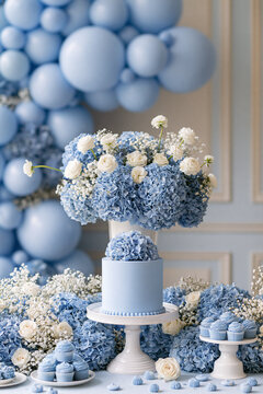Blaue Torte mit wei&szlig;en und blauen Blumen vor Ballonwand in Hellblau
