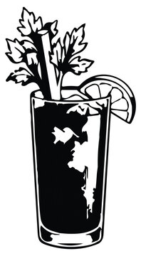 Bloody mary cocktail with celery stalk and lemon slice black silhouette style
