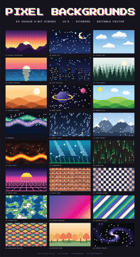 Pixel Art Backgrounds Vector Collection, 24 Retro 8-Bit Game Scenes with Sunset, Night Sky, Space, Forest, City and Dithered Gradients