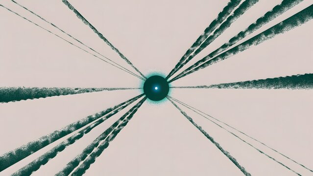 Quantum core energy transmission and centralized network hub. Advanced particle physics and high speed data pathways. Glowing central hub radiating dynamic energy beams across a minimalist background