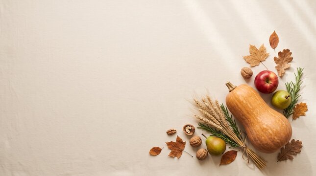Warm autumn harvest rests on soft linen background. Butternut squash, apples, and nuts surround rustic wheat stalks. Foliage and pine needles add seasonal texture and depth. Earth tones evoke coziness