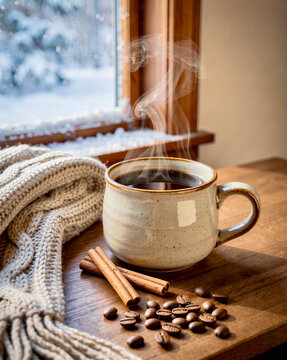 Steaming coffee mug with cinnamon and beans by a snowy window